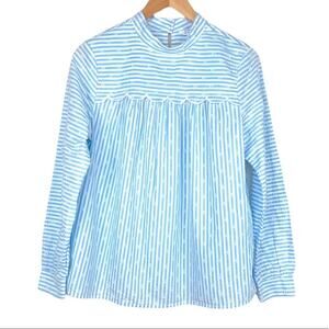 Crown & Ivy blue white stripe high neck Swiss dot scalloped long sleeve blouse